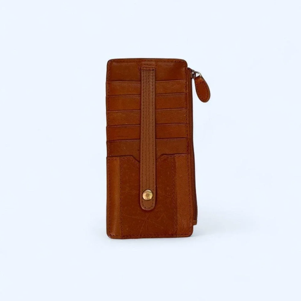 Brown leather wallet with multiple card slots and a zippered compartment